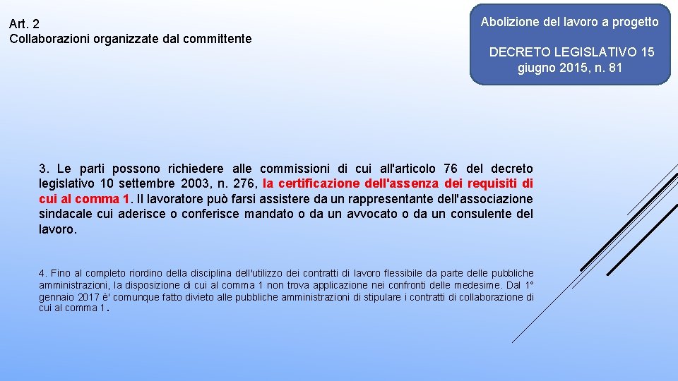 Art. 2 Collaborazioni organizzate dal committente Abolizione del lavoro a progetto DECRETO LEGISLATIVO 15