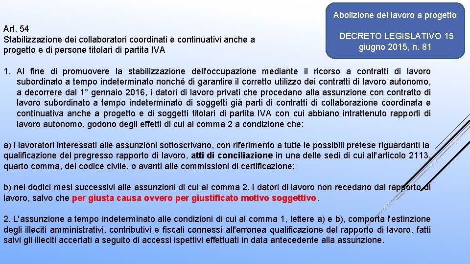 Abolizione del lavoro a progetto Art. 54 Stabilizzazione dei collaboratori coordinati e continuativi anche