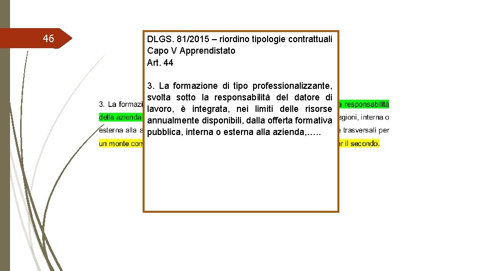 46 DLGS. 81/2015 – riordino tipologie contrattuali Capo V Apprendistato Art. 44 3. La