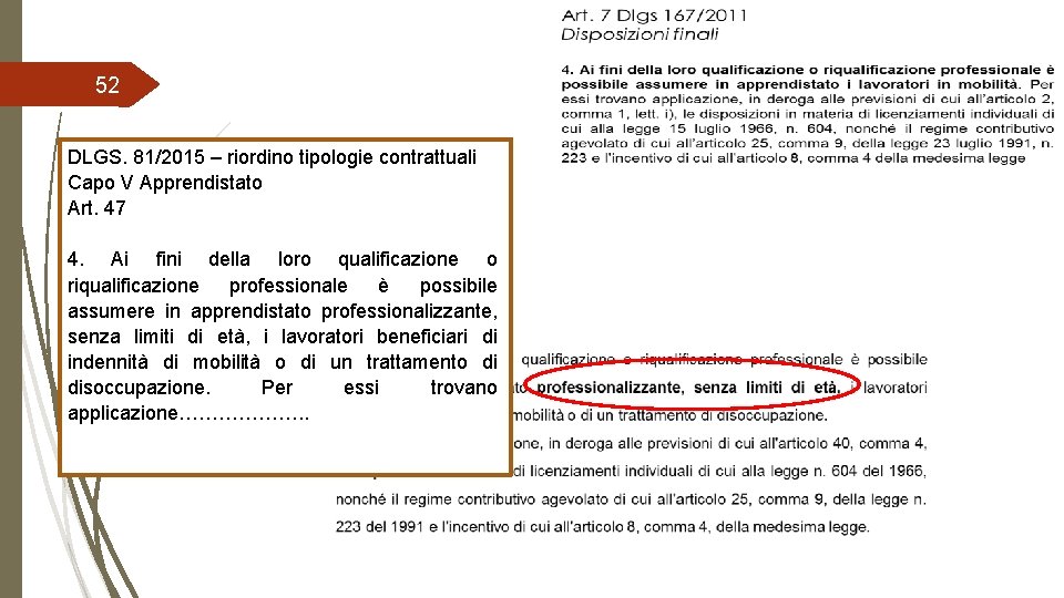 52 DLGS. 81/2015 – riordino tipologie contrattuali Capo V Apprendistato Art. 47 N. 158