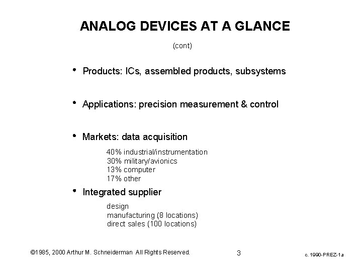ANALOG DEVICES AT A GLANCE (cont) Products: ICs, assembled products, subsystems Applications: precision measurement ANALOG DEVICES AT A GLANCE (cont) Products: ICs, assembled products, subsystems Applications: precision measurement