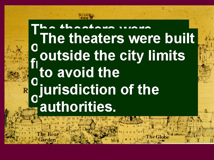 The theaters were built often located across outside the city limits from the Thames