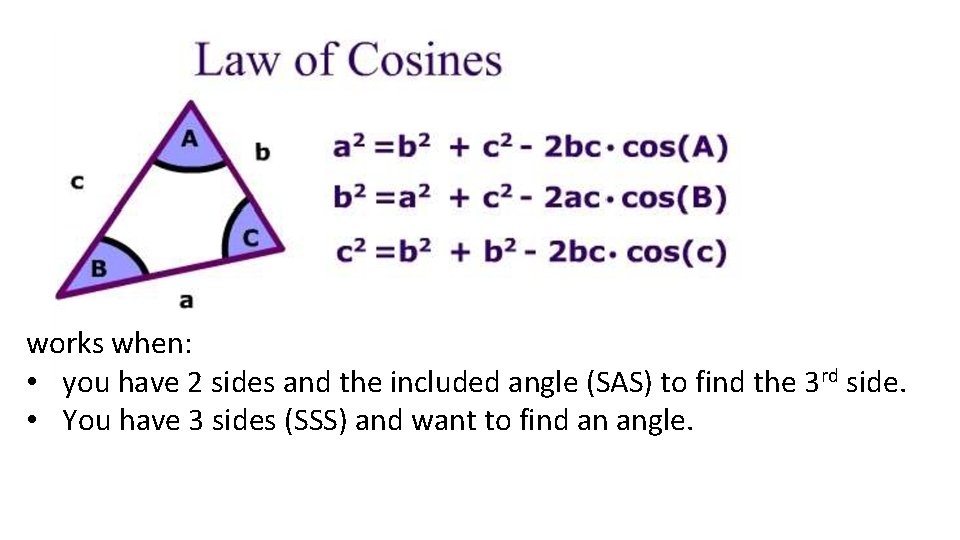 works when: • you have 2 sides and the included angle (SAS) to find