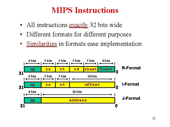 MIPS Instructions • All instructions exactly 32 bits wide • Different formats for different