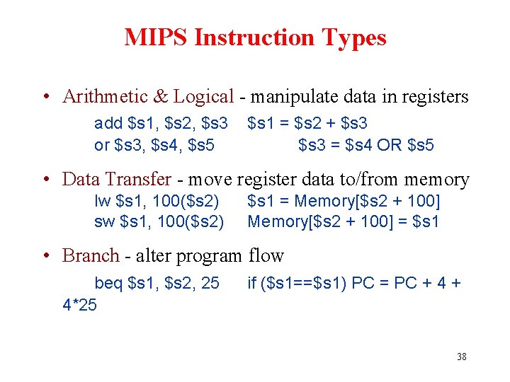 MIPS Instruction Types • Arithmetic & Logical - manipulate data in registers add $s