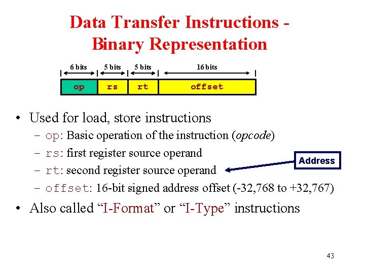Data Transfer Instructions Binary Representation 6 bits 5 bits 16 bits op rs rt