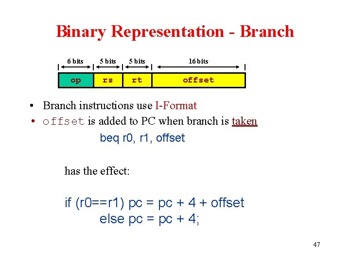 Binary Representation - Branch 6 bits 5 bits 16 bits op rs rt offset