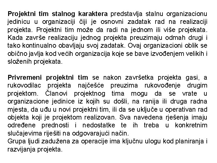 Projektni tim stalnog karaktera predstavlja stalnu organizacionu jedinicu u organizaciji čiji je osnovni zadatak