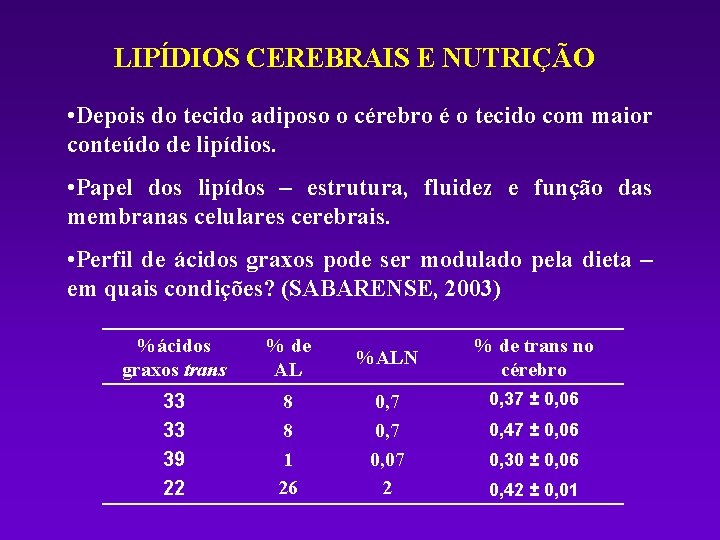 LIPÍDIOS CEREBRAIS E NUTRIÇÃO • Depois do tecido adiposo o cérebro é o tecido