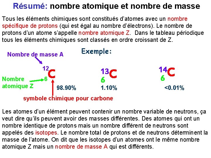 Résumé: nombre atomique et nombre de masse Tous les éléments chimiques sont constitués d’atomes
