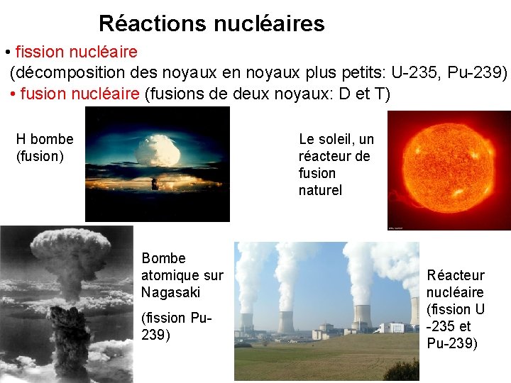 Réactions nucléaires • fission nucléaire (décomposition des noyaux en noyaux plus petits: U-235, Pu-239)