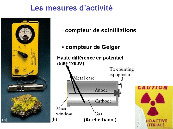 Les mesures d’activité • compteur de scintillations • compteur de Geiger Haute différence en