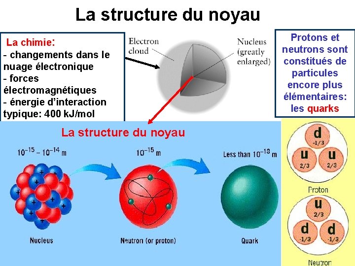 La structure du noyau La chimie: - changements dans le nuage électronique - forces