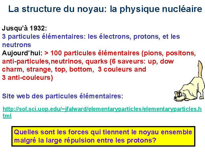 La structure du noyau: la physique nucléaire Jusqu’à 1932: 3 particules élémentaires: les électrons,