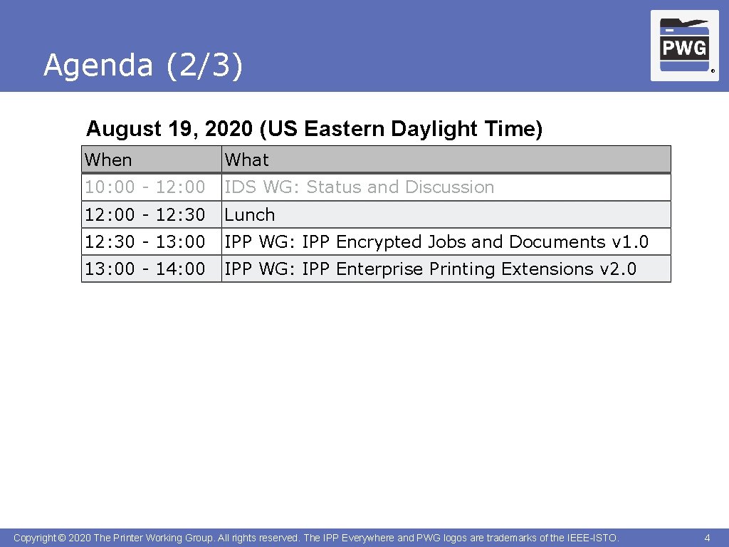 Agenda (2/3) ® August 19, 2020 (US Eastern Daylight Time) When What 10: 00