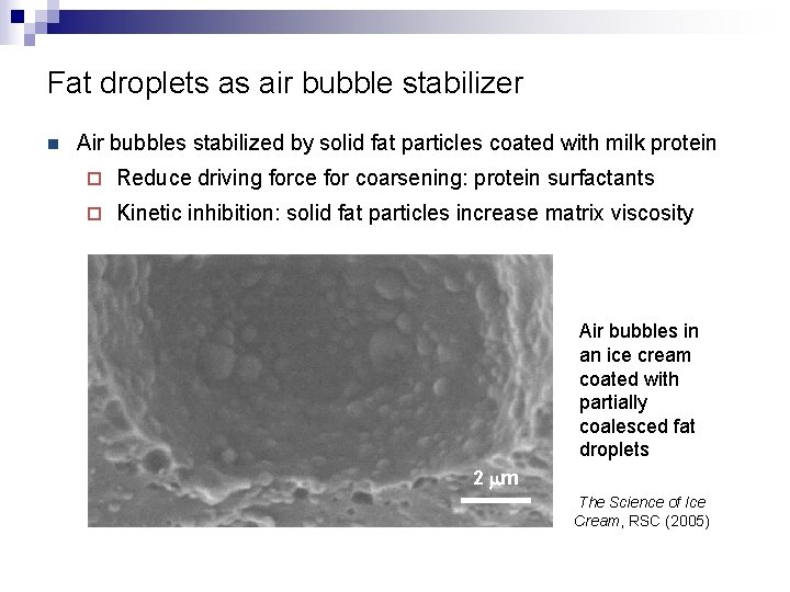 Fat droplets as air bubble stabilizer n Air bubbles stabilized by solid fat particles Fat droplets as air bubble stabilizer n Air bubbles stabilized by solid fat particles
