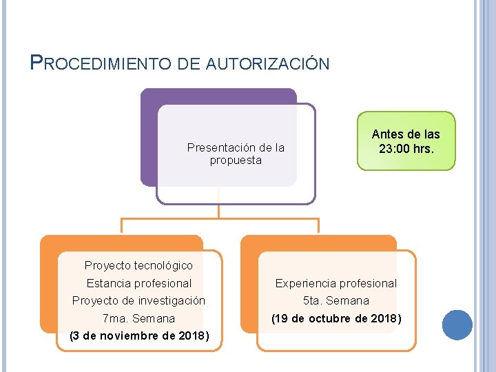 PROCEDIMIENTO DE AUTORIZACIÓN Presentación de la propuesta Proyecto tecnológico Estancia profesional Proyecto de investigación