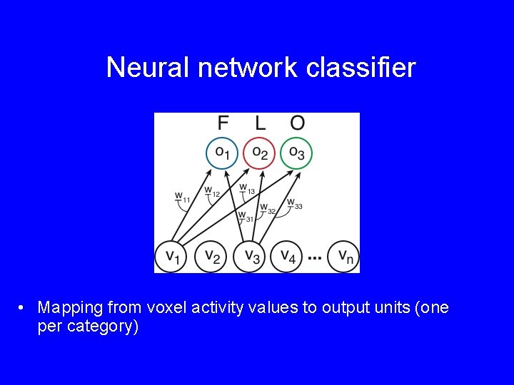 Neural network classifier • Mapping from voxel activity values to output units (one per