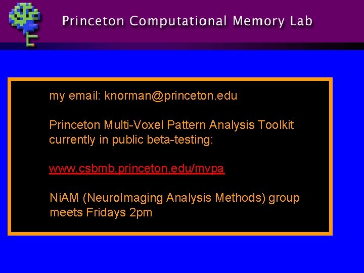 my email: knorman@princeton. edu Princeton Multi-Voxel Pattern Analysis Toolkit currently in public beta-testing: www.