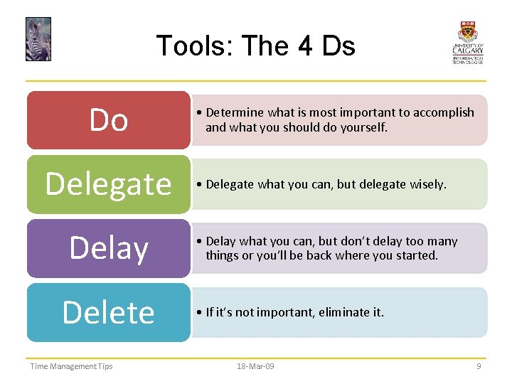 Tools: The 4 Ds Do Delegate Delay Delete Time Management Tips • Determine what