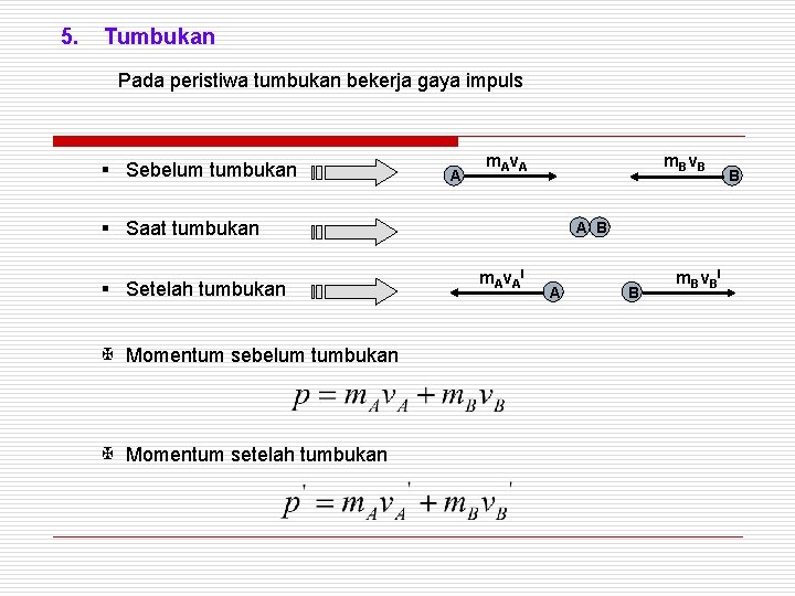 5. Tumbukan Pada peristiwa tumbukan bekerja gaya impuls § Sebelum tumbukan A m Bv