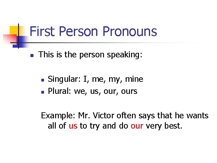 First Person Pronouns n This is the person speaking: n n Singular: I, me,