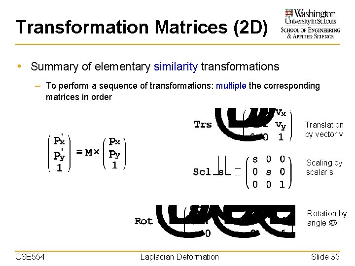 Transformation Matrices (2 D) • Summary of elementary similarity transformations – To perform a