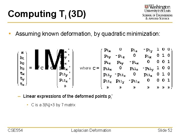 Computing Ti (3 D) • Assuming known deformation, by quadratic minimization: where – Linear