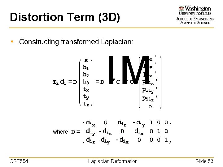 Distortion Term (3 D) • Constructing transformed Laplacian: where CSE 554 Laplacian Deformation Slide