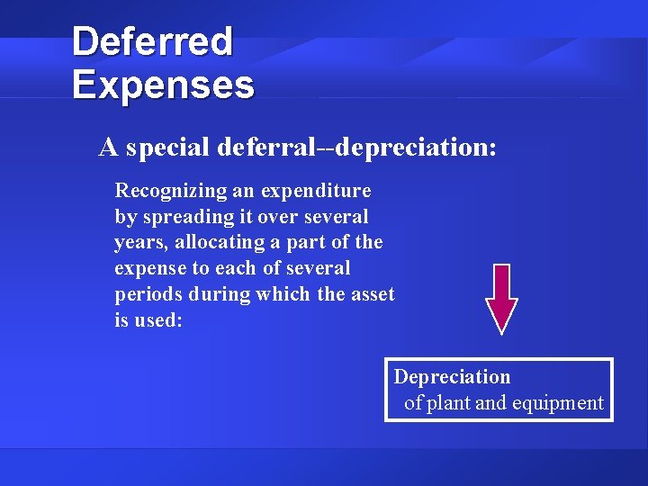 Deferred Expenses A special deferral--depreciation: Recognizing an expenditure by spreading it over several years,