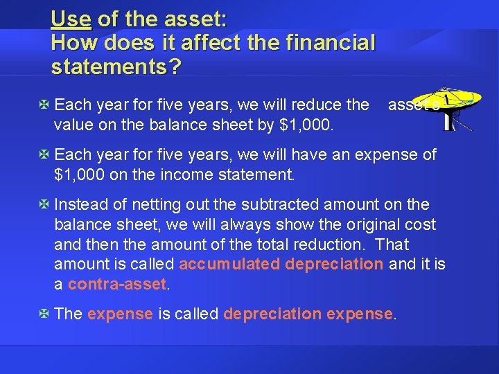 Use of the asset: How does it affect the financial statements? X Each year
