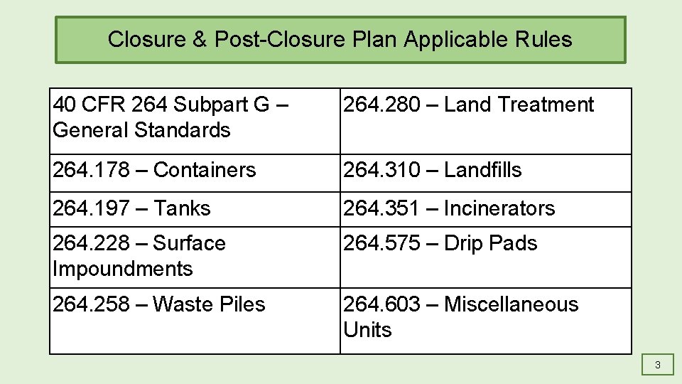 Closure & Post-Closure Plan Applicable Rules 40 CFR 264 Subpart G– 264. 280 –