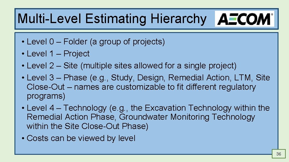Multi-Level Estimating Hierarchy • Level 0 – Folder (a group of projects) • Level