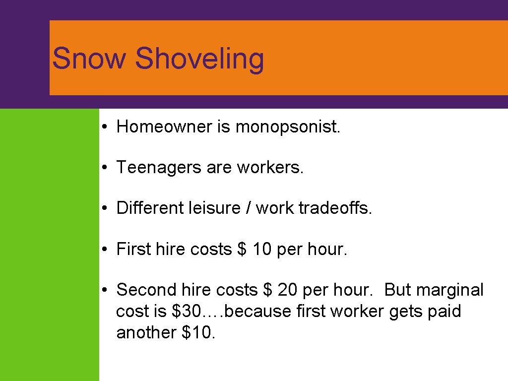 Snow Shoveling • Homeowner is monopsonist. • Teenagers are workers. • Different leisure /