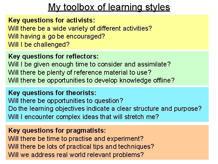 My toolbox of learning styles Key questions for activists: Will there be a wide