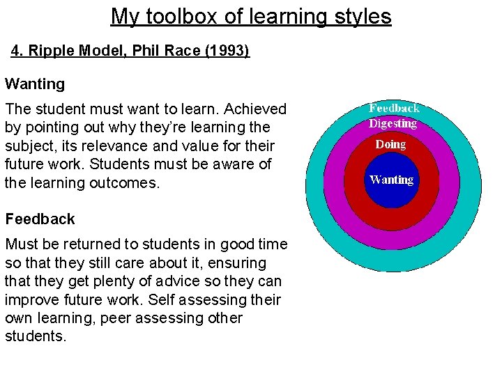 My toolbox of learning styles 4. Ripple Model, Phil Race (1993) Wanting The student