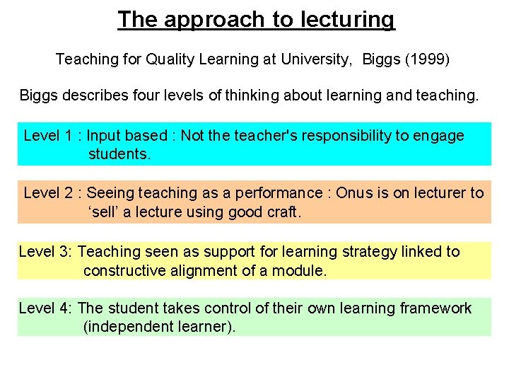 The approach to lecturing Teaching for Quality Learning at University, Biggs (1999) Biggs describes