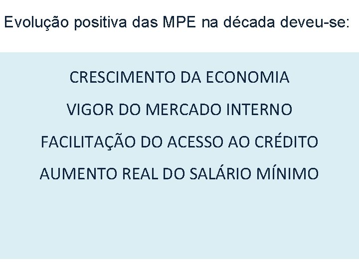 Evolução positiva das MPE na década deveu-se: CRESCIMENTO DA ECONOMIA VIGOR DO MERCADO INTERNO