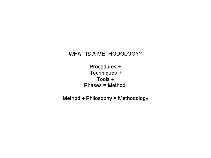 WHAT IS A METHODOLOGY? Procedures + Techniques + Tools + Phases = Method +