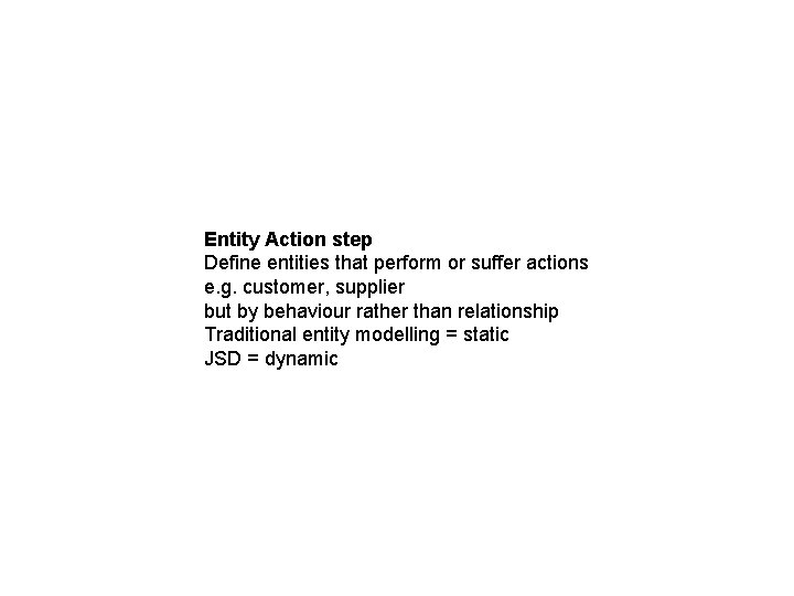 Entity Action step Define entities that perform or suffer actions e. g. customer, supplier