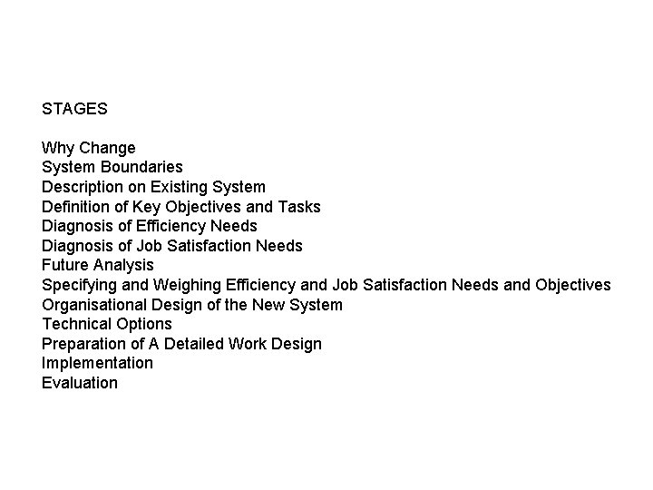 STAGES Why Change System Boundaries Description on Existing System Definition of Key Objectives and