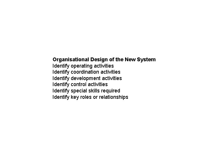 Organisational Design of the New System Identify operating activities Identify coordination activities Identify development