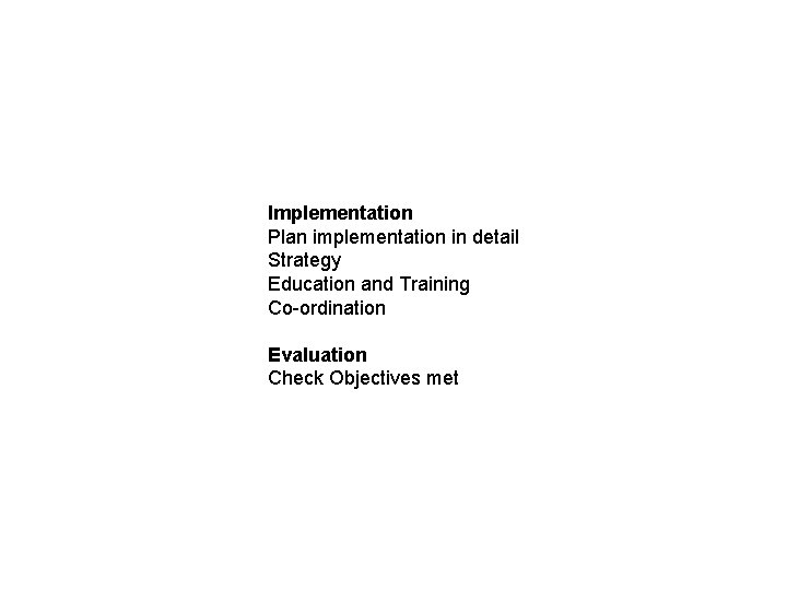 Implementation Plan implementation in detail Strategy Education and Training Co-ordination Evaluation Check Objectives met