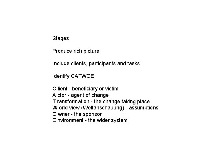 Stages Produce rich picture Include clients, participants and tasks Identify CATWOE: C lient -