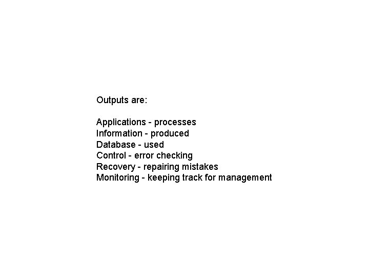 Outputs are: Applications - processes Information - produced Database - used Control - error