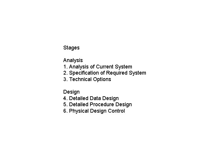 Stages Analysis 1. Analysis of Current System 2. Specification of Required System 3. Technical