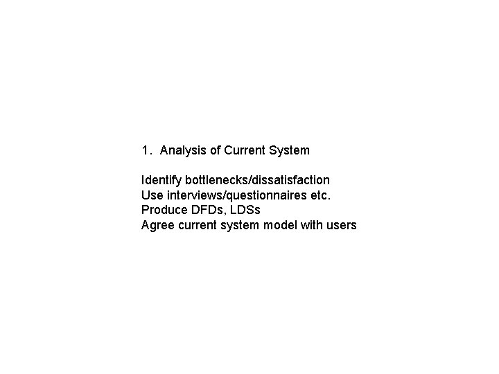 1. Analysis of Current System Identify bottlenecks/dissatisfaction Use interviews/questionnaires etc. Produce DFDs, LDSs Agree