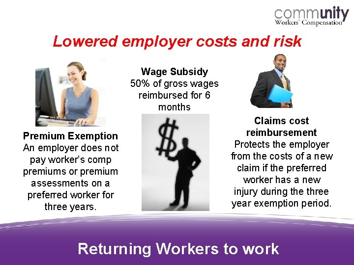Lowered employer costs and risk Wage Subsidy 50% of gross wages reimbursed for 6 Lowered employer costs and risk Wage Subsidy 50% of gross wages reimbursed for 6