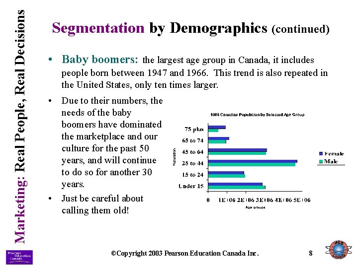 Marketing: Real People, Real Decisions Segmentation by Demographics (continued) • Baby boomers: the largest