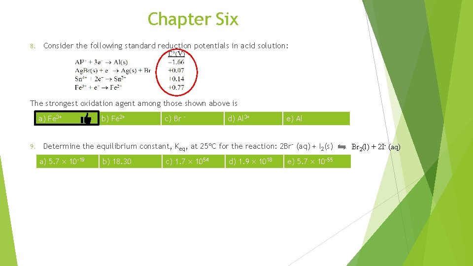 Chapter Six 8. Consider the following standard reduction potentials in acid solution: The strongest